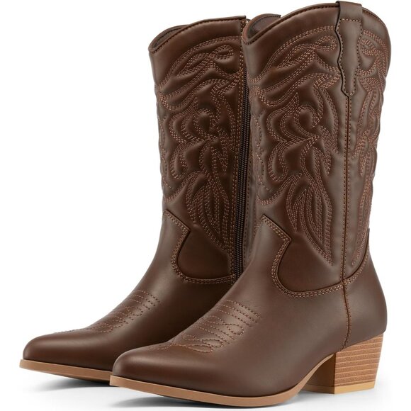 Dodow Women's Brown Pointed Toe Zipper Western Cowgirl Pu Mid Calf Boots - Picture 1 of 6